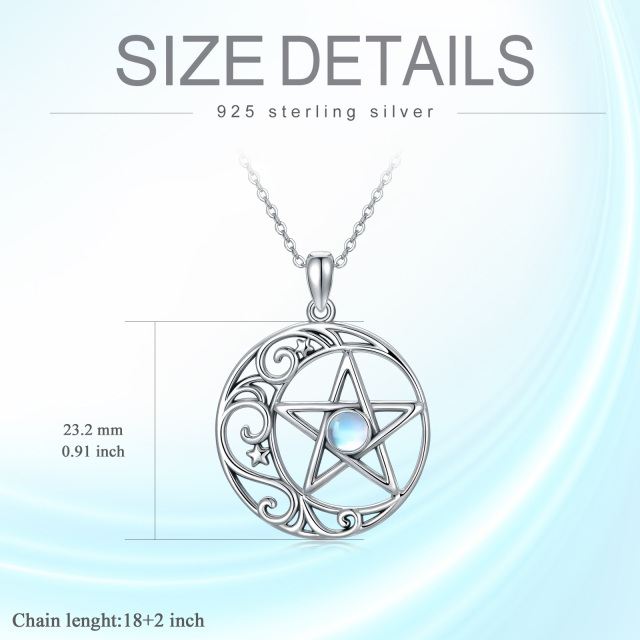 Sterling Silver Round Moonstone Moon & Pentagram Pendant Necklace-5