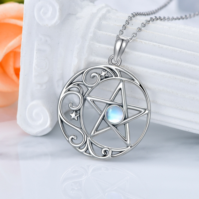 Sterling Silver Round Moonstone Moon & Pentagram Pendant Necklace-4