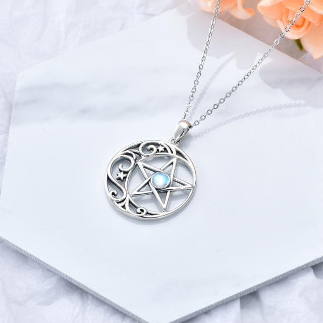 Sterling Silver Round Moonstone Moon & Pentagram Pendant Necklace-5