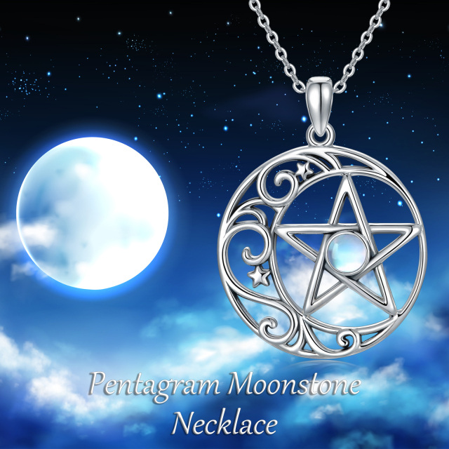 Colar com pingente de lua e pentagrama em prata de lei com pedra da lua redonda-2