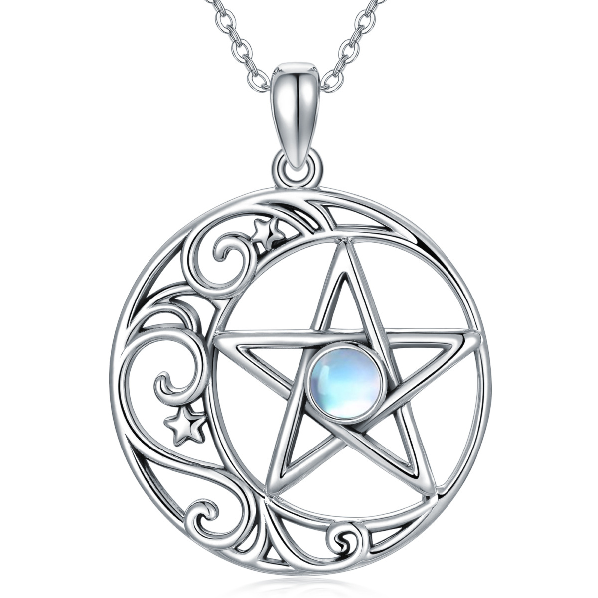 Sterling Silver Round Moonstone Moon & Pentagram Pendant Necklace-1