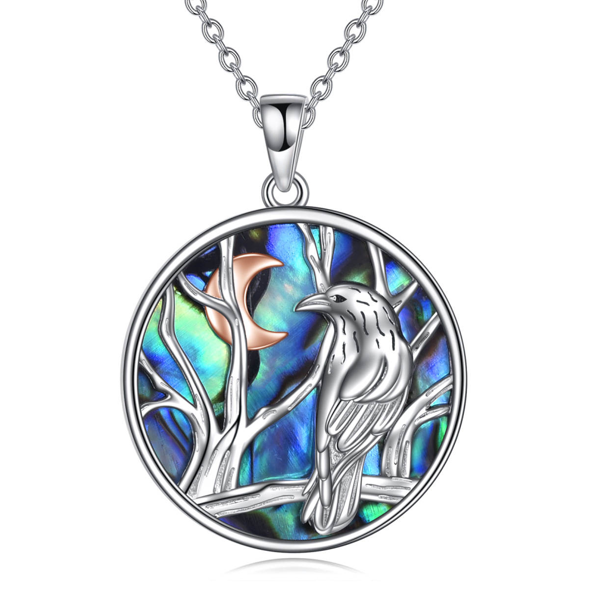 Sterling Silver Two-tone Circular Shaped Abalone Shellfish Raven & Tree Of Life Pendant Necklace-1