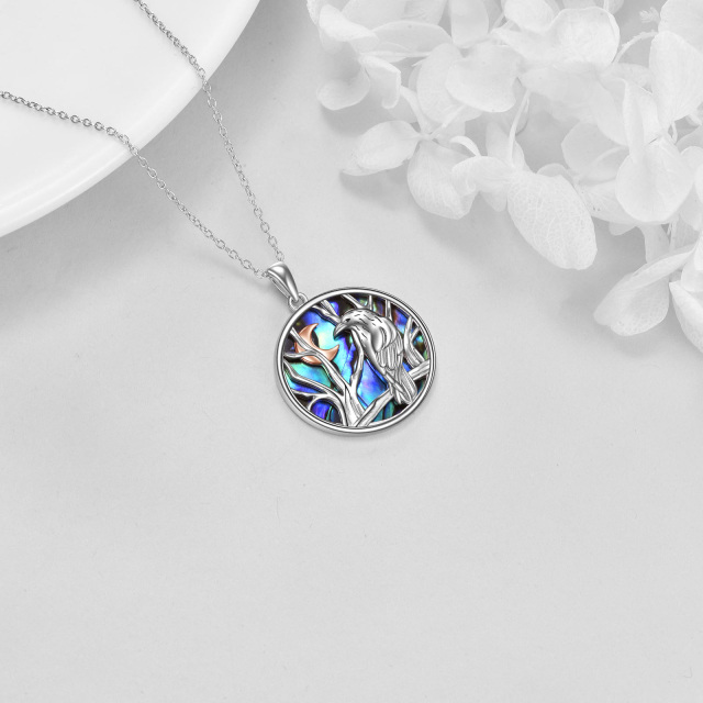 Sterling Silver Two-tone Circular Shaped Abalone Shellfish Raven & Tree Of Life Pendant Necklace-3