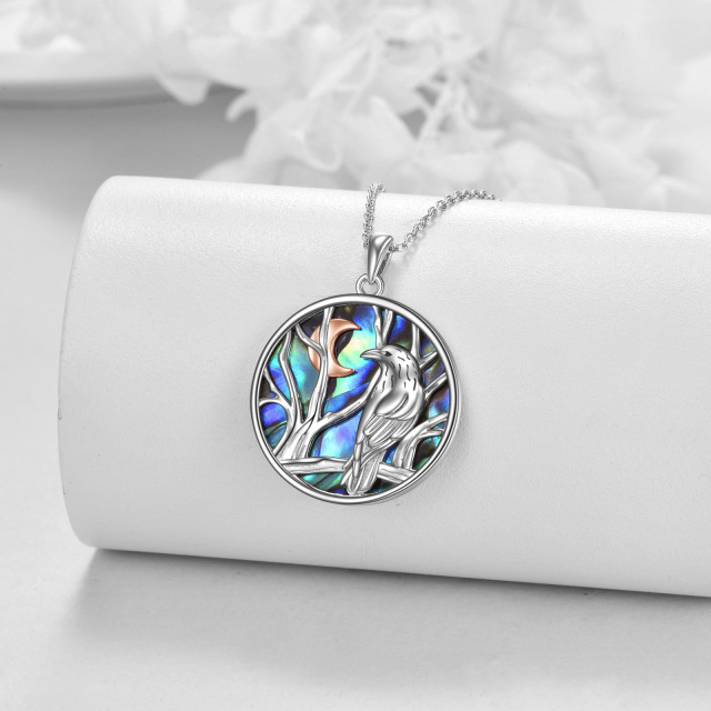 Sterling Silver Two-tone Circular Shaped Abalone Shellfish Raven & Tree Of Life Pendant Necklace-2