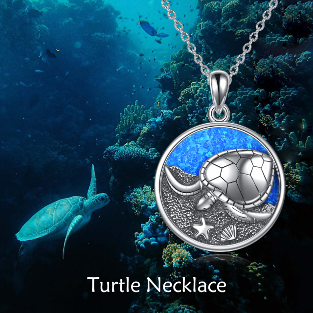 Sterling Silver Opal Sea Turtle & Starfish Pendant Necklace-4