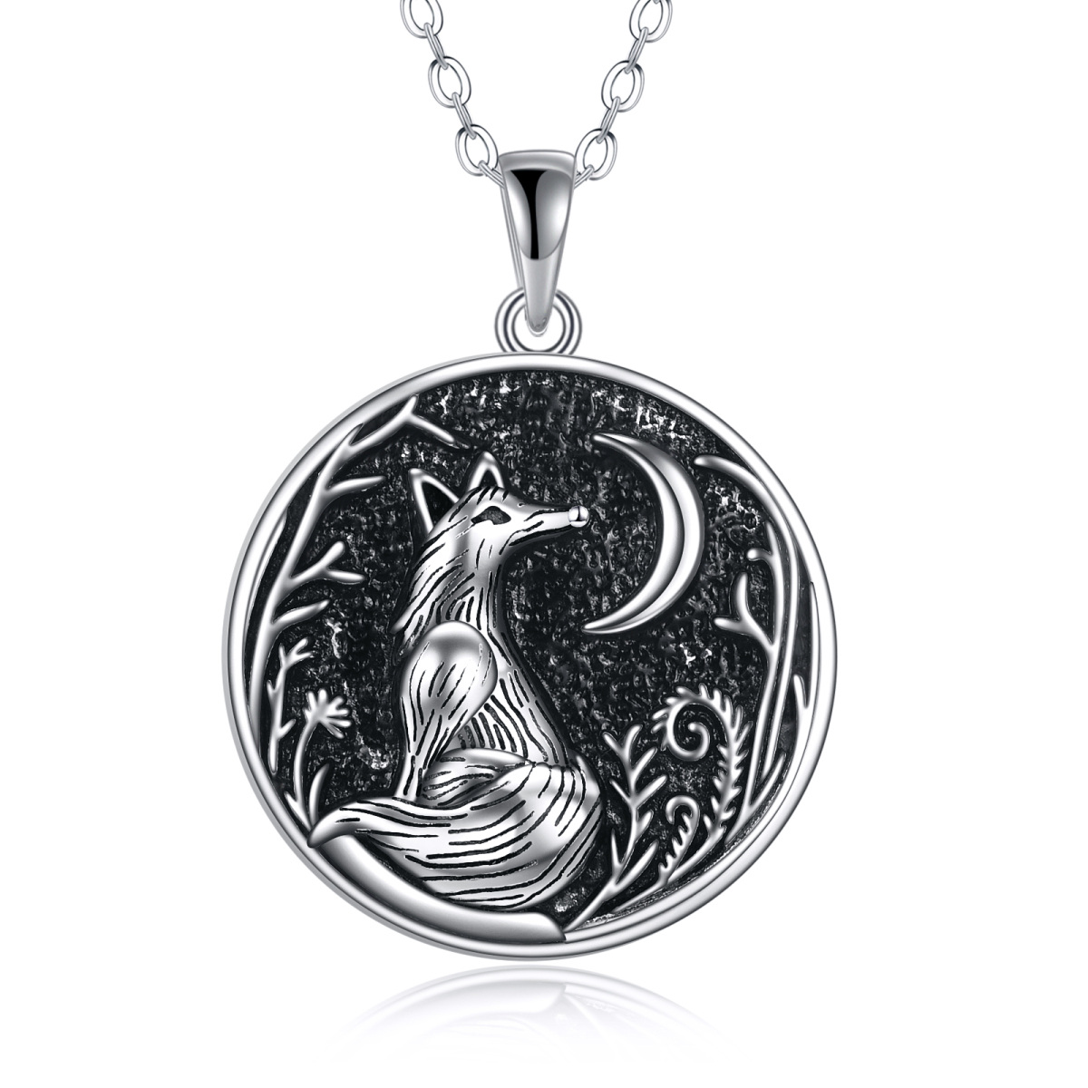 Sterling Silver Round Fox & Moon Pendant Necklace-1