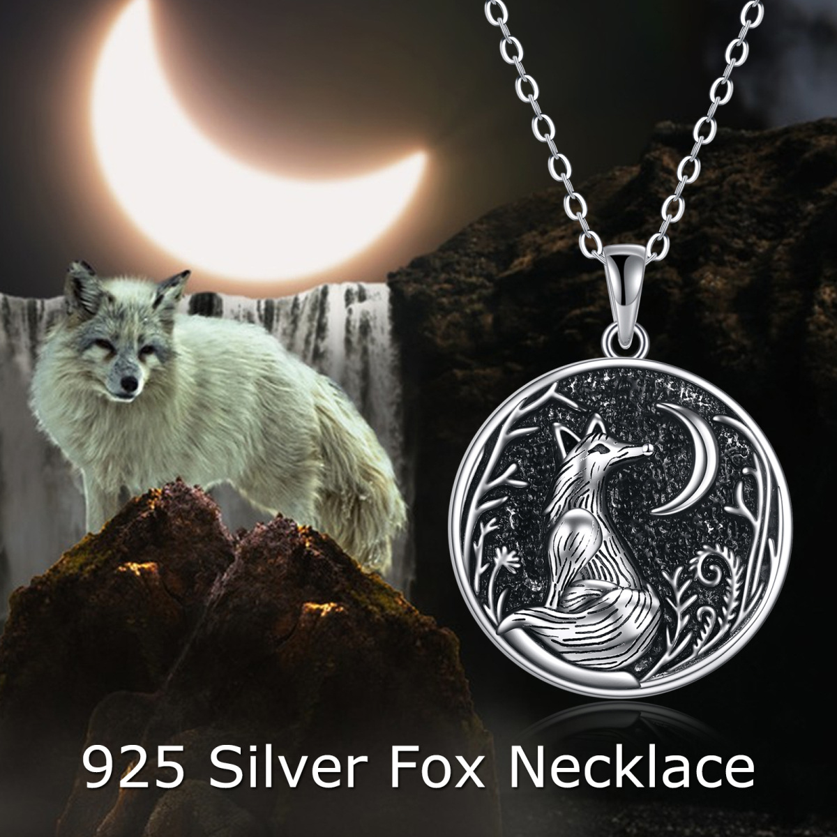 Sterling Silver Round Fox & Moon Pendant Necklace-6