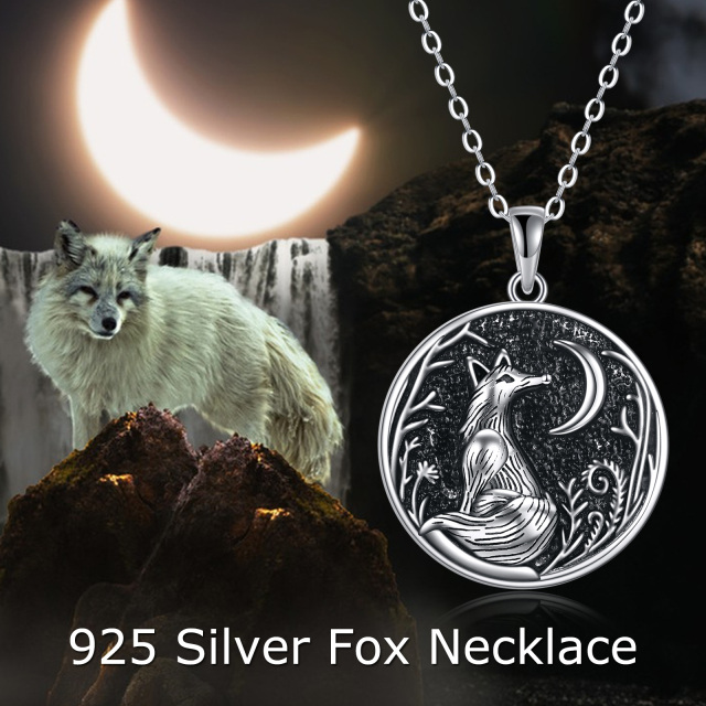 Sterling Silver Round Fox & Moon Pendant Necklace-5