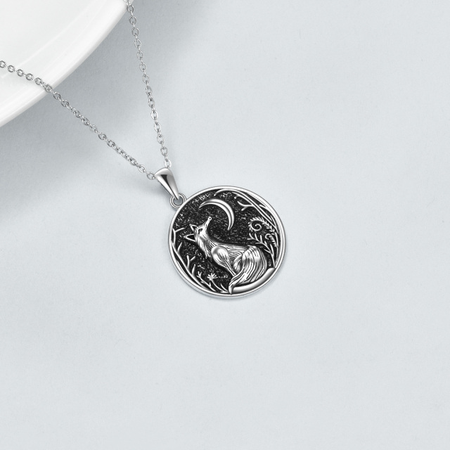 Sterling Silver Round Fox & Moon Pendant Necklace-3
