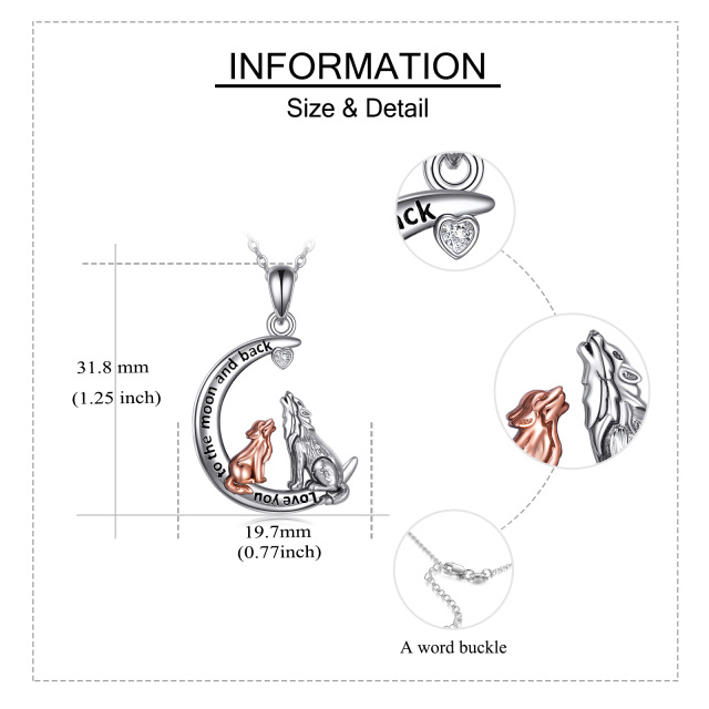 Sterling Silber zweifarbiger Zirkonia Wolf & Mond Anhänger Halskette-4