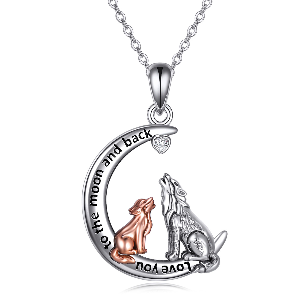 Sterling Silver Two-tone Cubic Zirconia Wolf & Moon Pendant Necklace-1