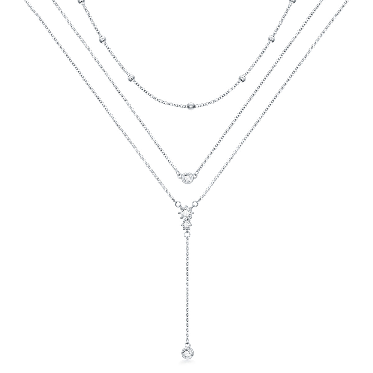 Sterling Silver Cubic Zirconia Bead Layered Necklace-1