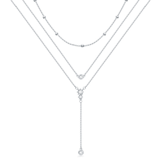 Sterling Silver Cubic Zirconia Bead Layered Necklace
