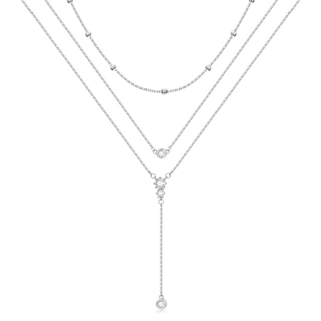 Sterling Silver Cubic Zirconia Bead Layered Necklace-0