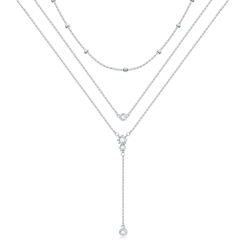 Sterling Silver Cubic Zirconia Bead Layered Necklace