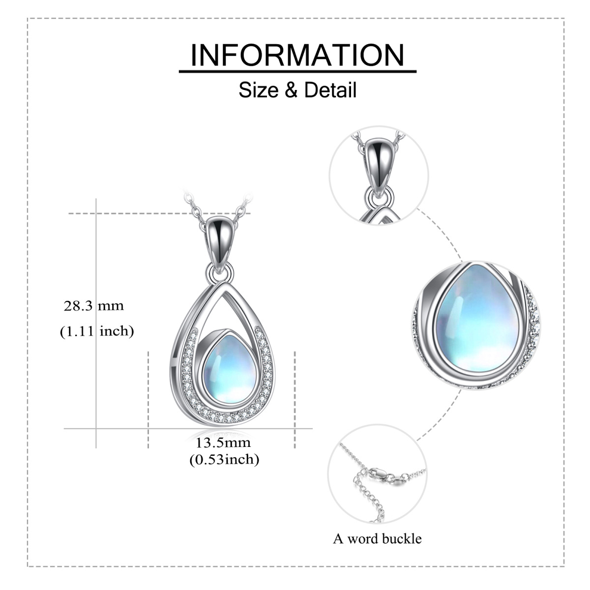 Sterling Silber Mondstein Tear Drop Form Urne Halskette für Asche Cubic Zirconia-6