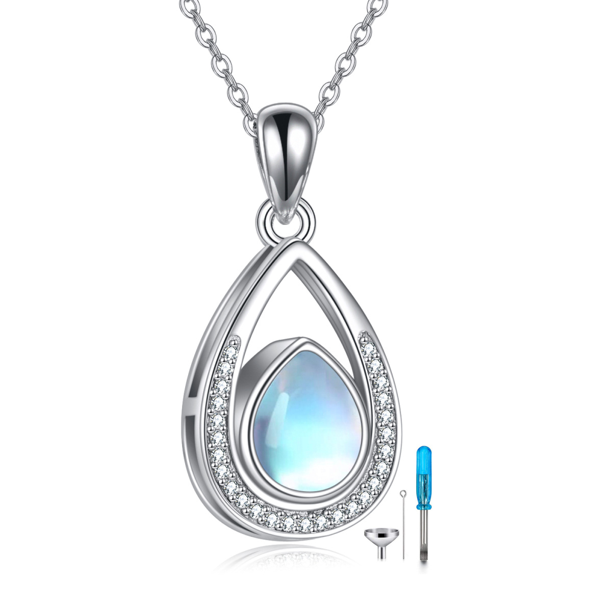 Sterling Silver Moonstone Tear Drop Shape Urn Necklace for Ashes Cubic Zirconia-1