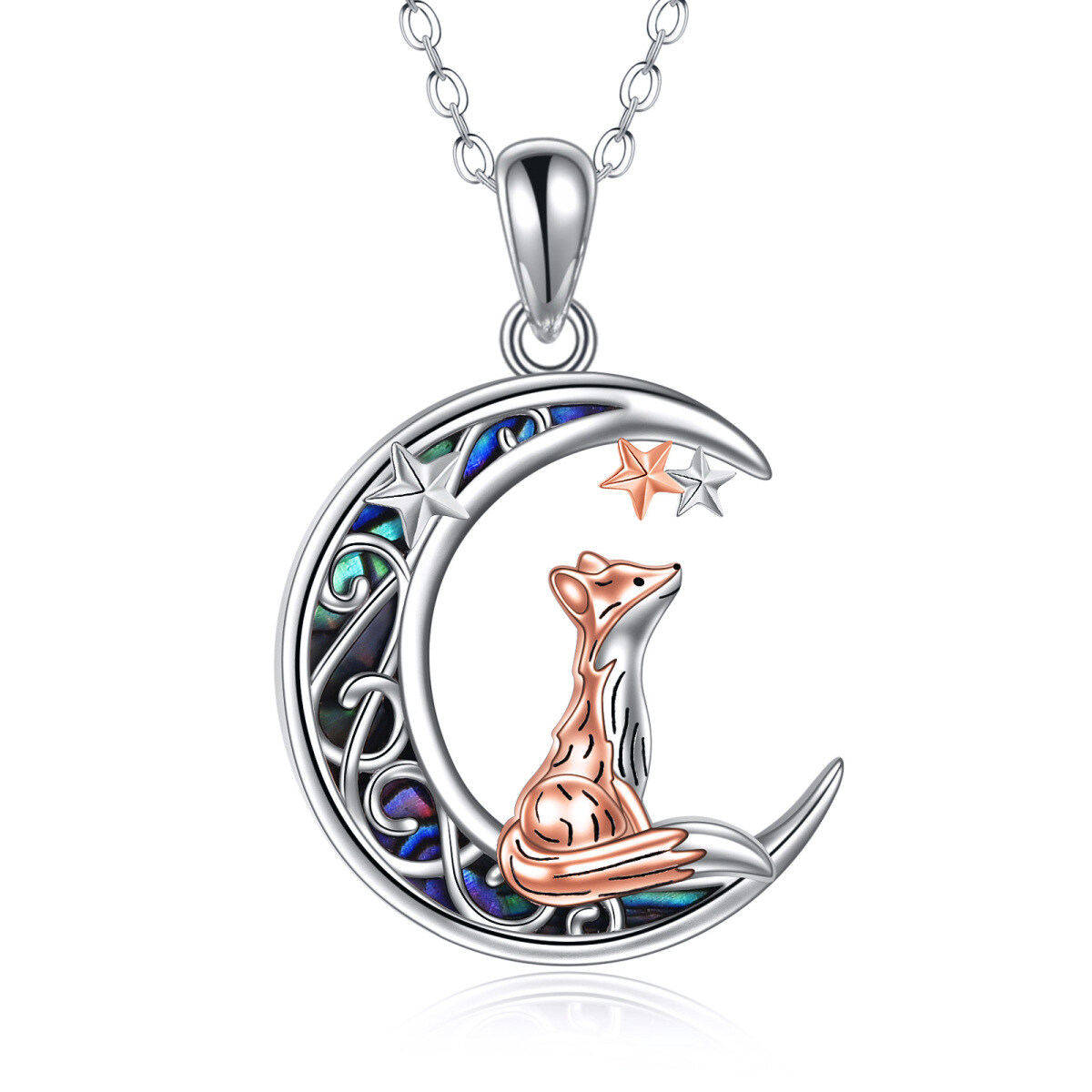 Sterling Silver Two-tone Abalone Shellfish Fox & Moon Star Pendant Necklace-1