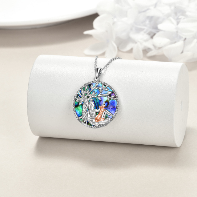Sterling Silver with Rose Gold Plated Round Abalone Shellfish Fox & Tree Of Life Pendant Necklace-3