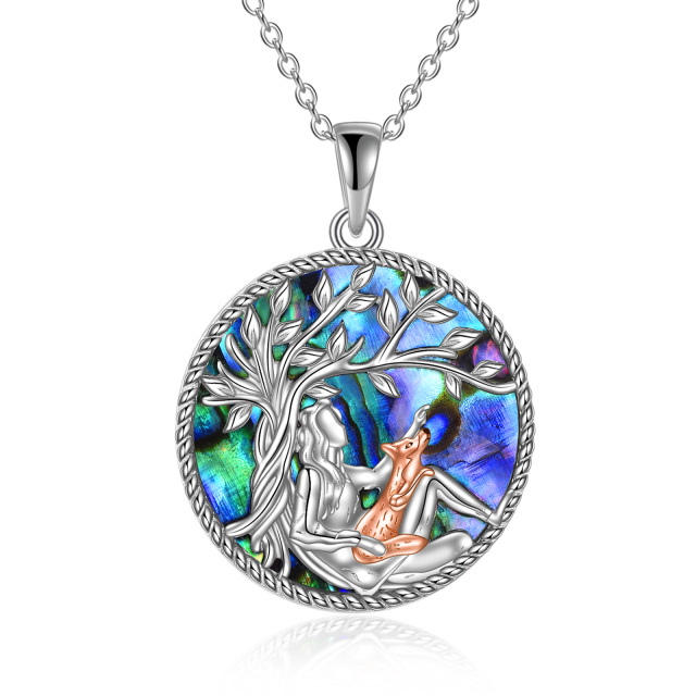 Sterling Silver with Rose Gold Plated Round Abalone Shellfish Fox & Tree Of Life Pendant Necklace-1