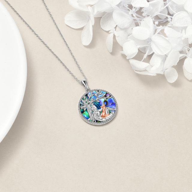 Sterling Silver with Rose Gold Plated Round Abalone Shellfish Fox & Tree Of Life Pendant Necklace-4