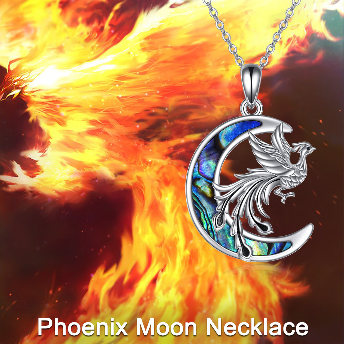 Sterling Silver Abalone Shellfish Phoenix & Moon Pendant Necklace-6