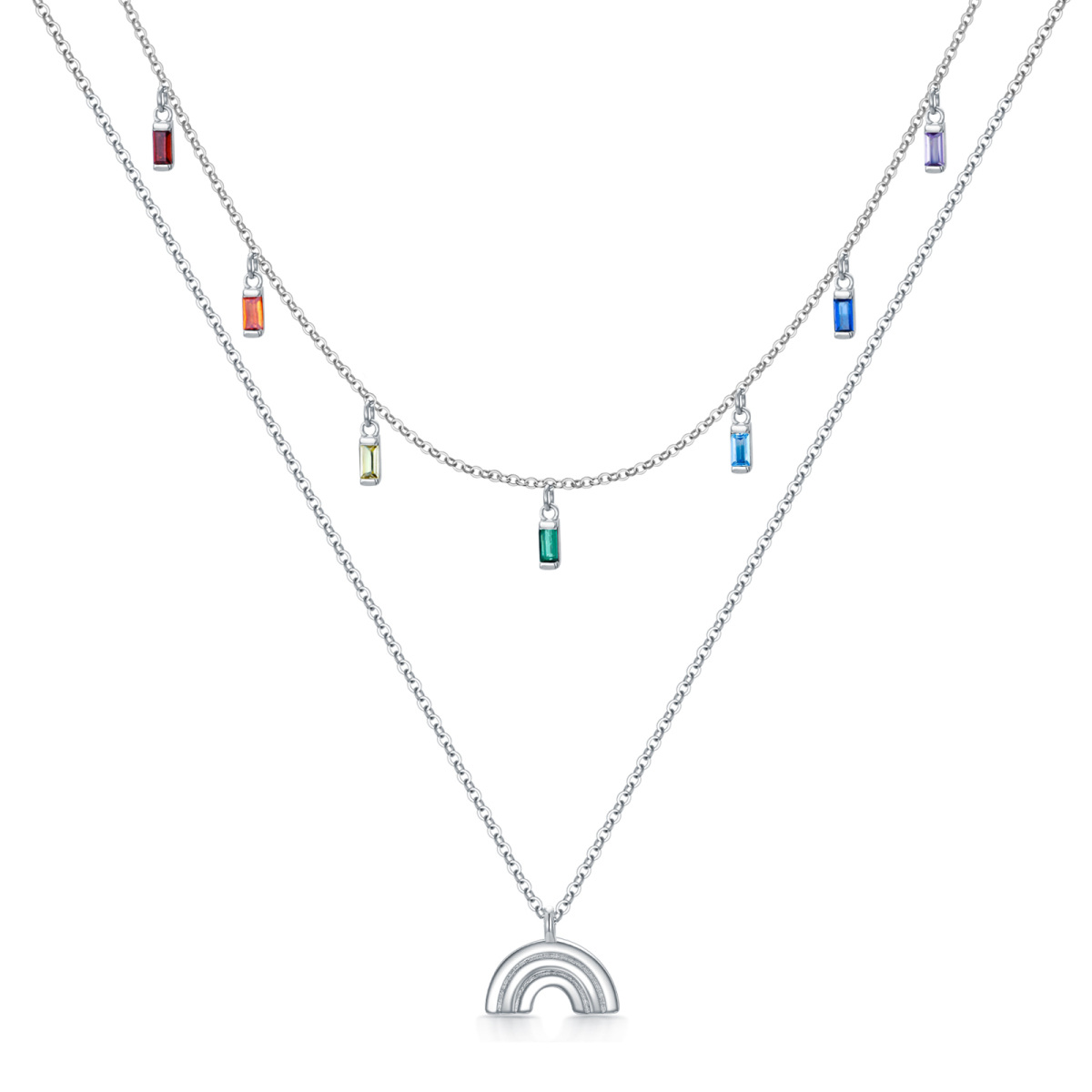 Sterling Silver Zircon Rainbow Layered Necklace-1