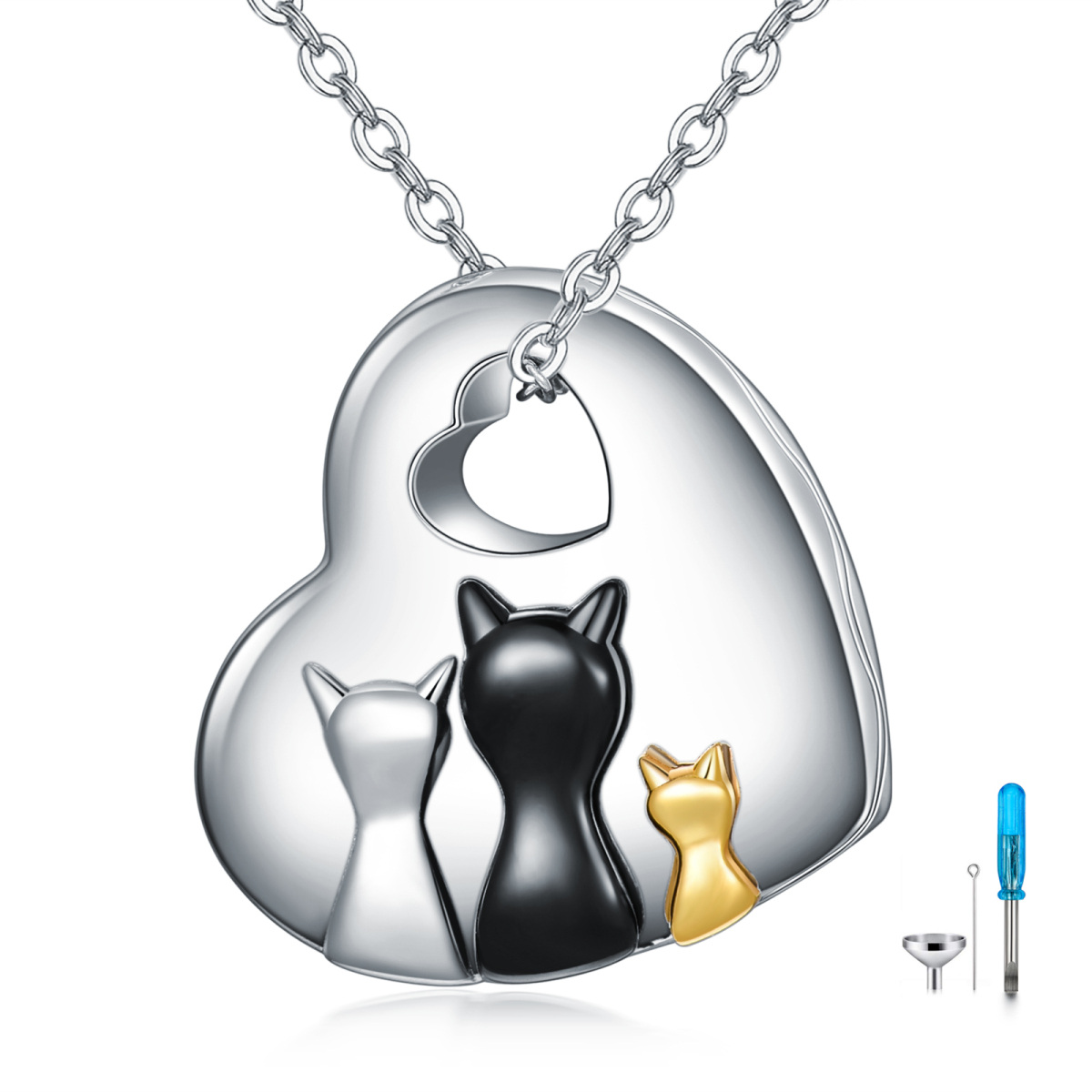 Sterling Silber Dreifarbige Katze & Herz Urne Halskette-1