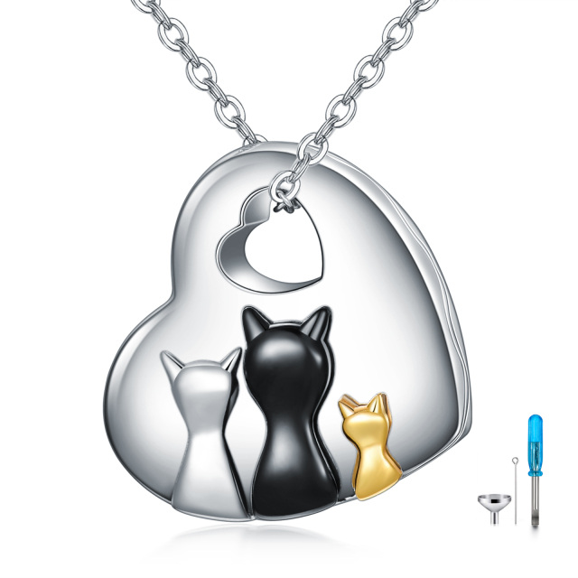 Sterling Silber Dreifarbige Katze & Herz Urne Halskette-0