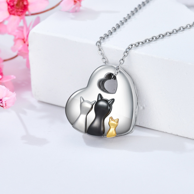 Sterling Silver Tri-tone Cat & Heart Urn Necklace for Ashes-2