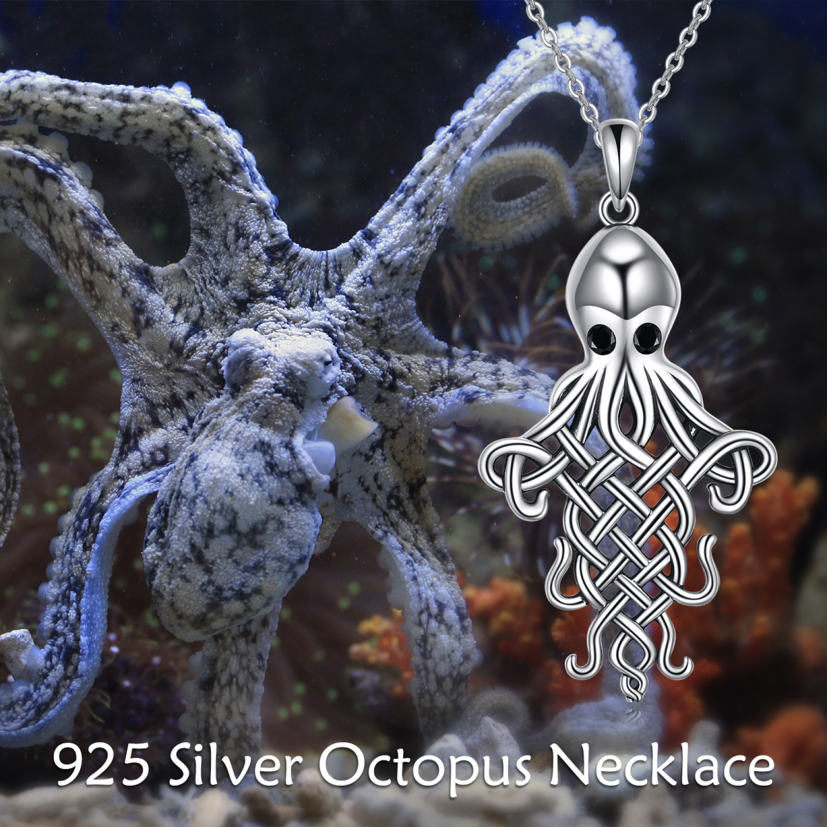 Sterling Silver Two-tone Cubic Zirconia Octopus & Celtic Knot Pendant Necklace-5