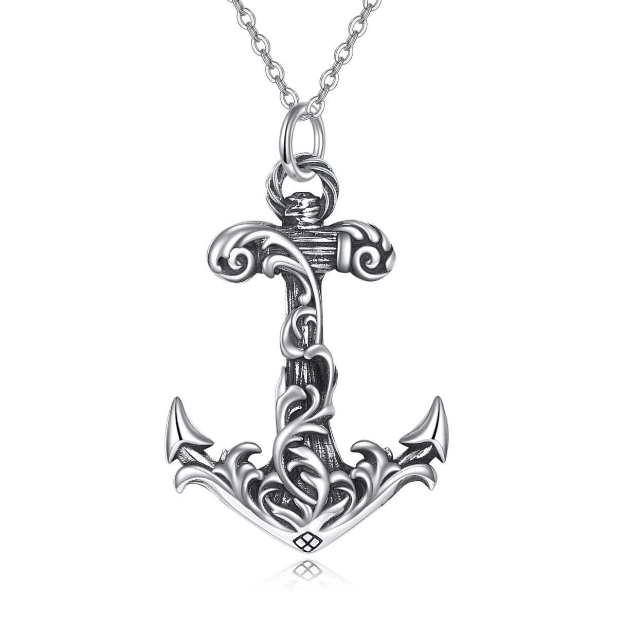 Sterling Silver Round Anchor Pendant Necklace-1