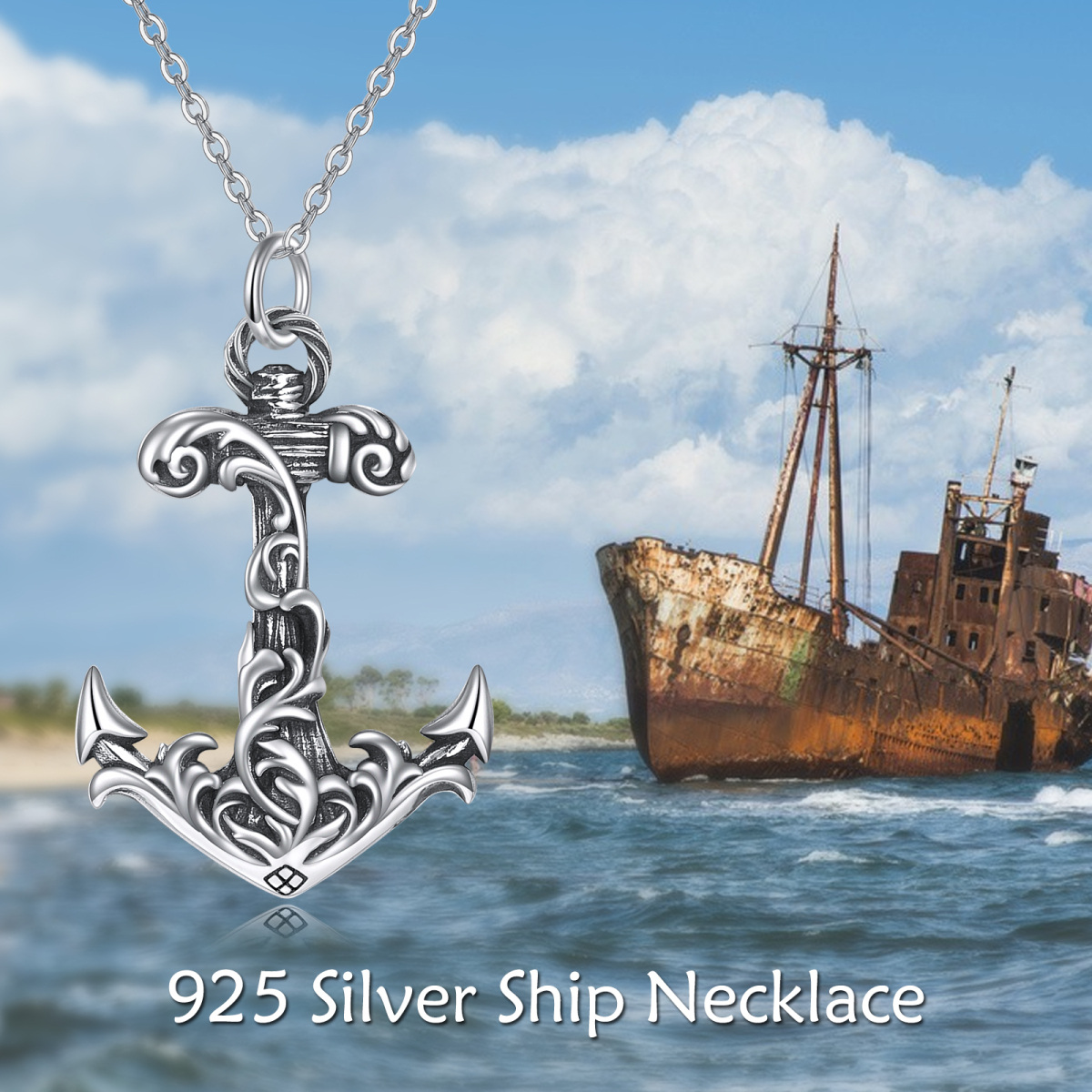 Sterling Silver Round Anchor Pendant Necklace-6