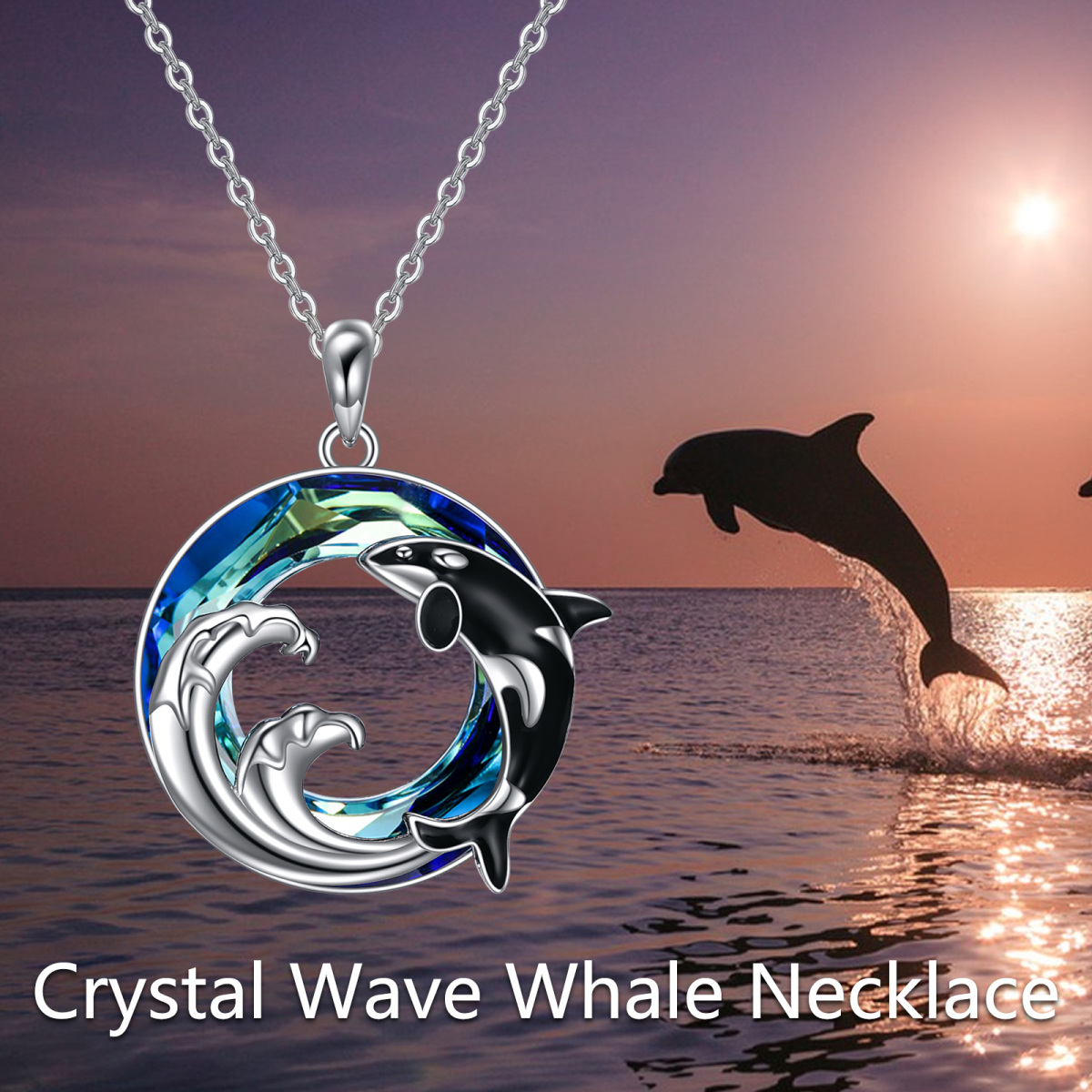 Sterling Silver Circular Shaped Whale & Spray Crystal Pendant Necklace-5