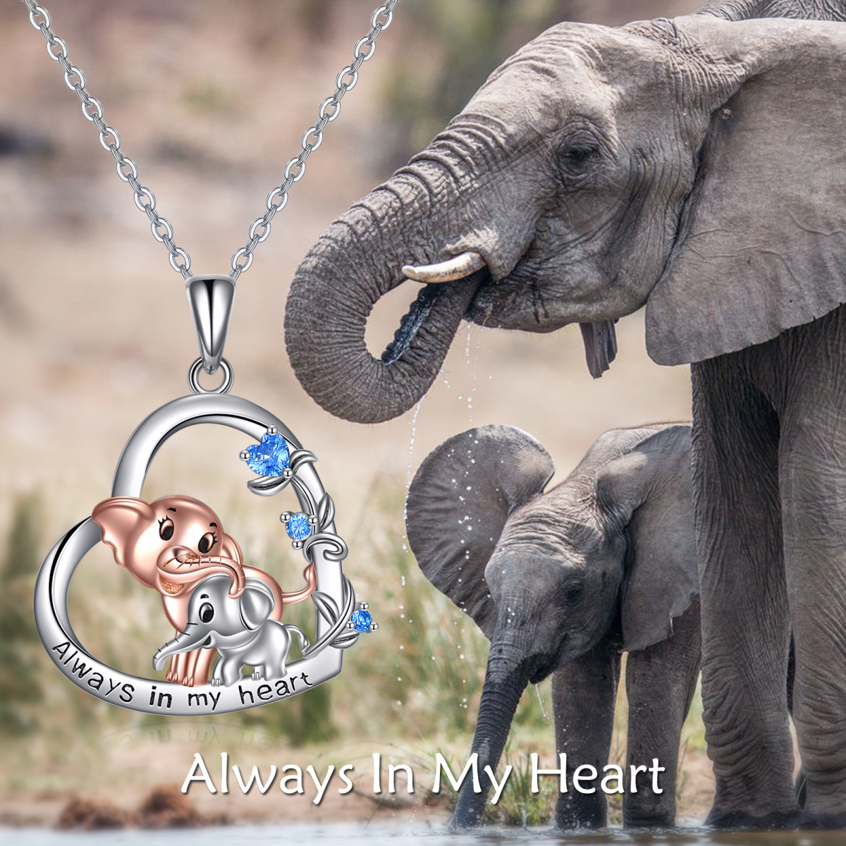 Collar con colgante de corazón de elefante con circonita cúbica en forma de corazón de plata de ley-6