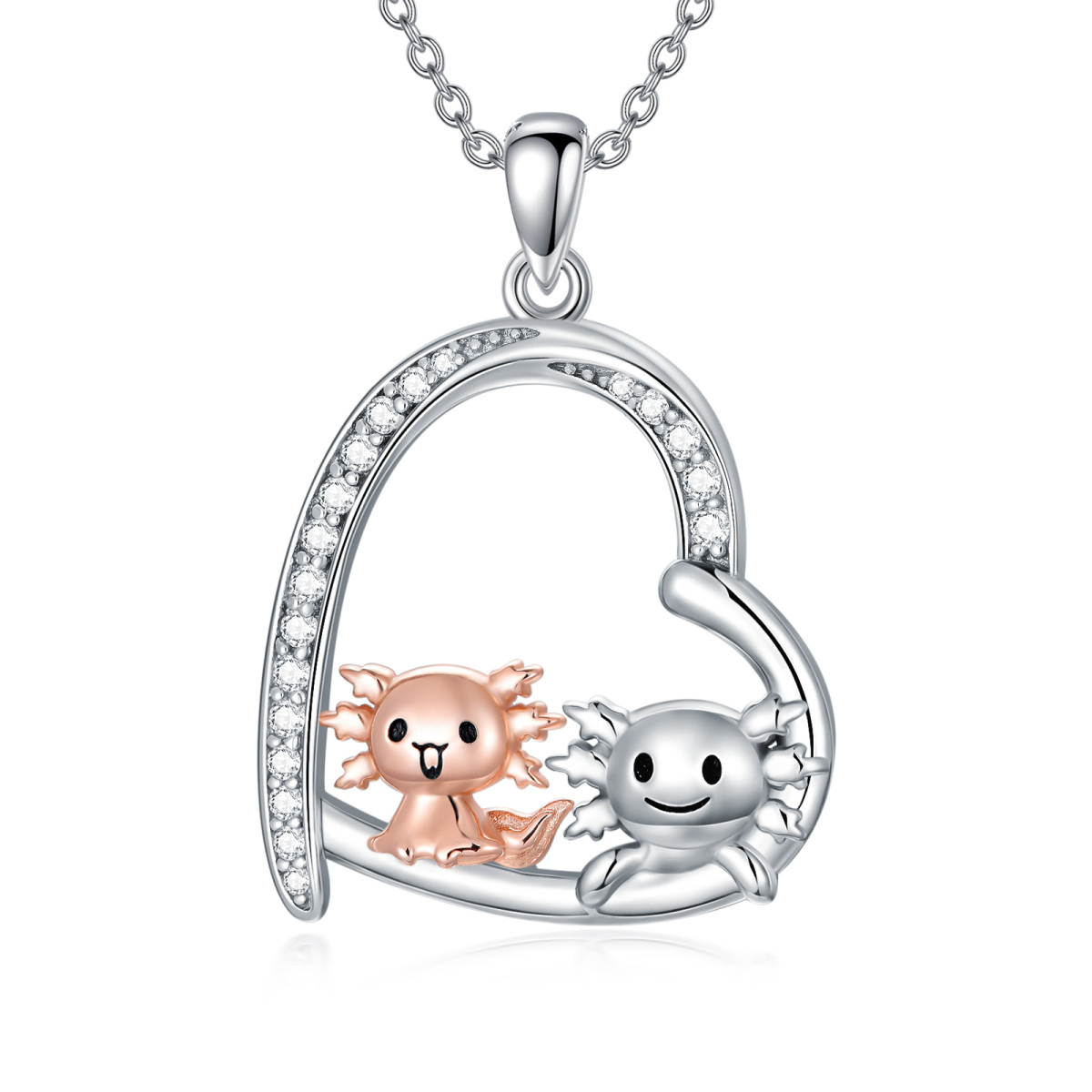 Sterling Silver with Rose Gold Plated Zircon Axolotl & Heart Pendant Necklace-1