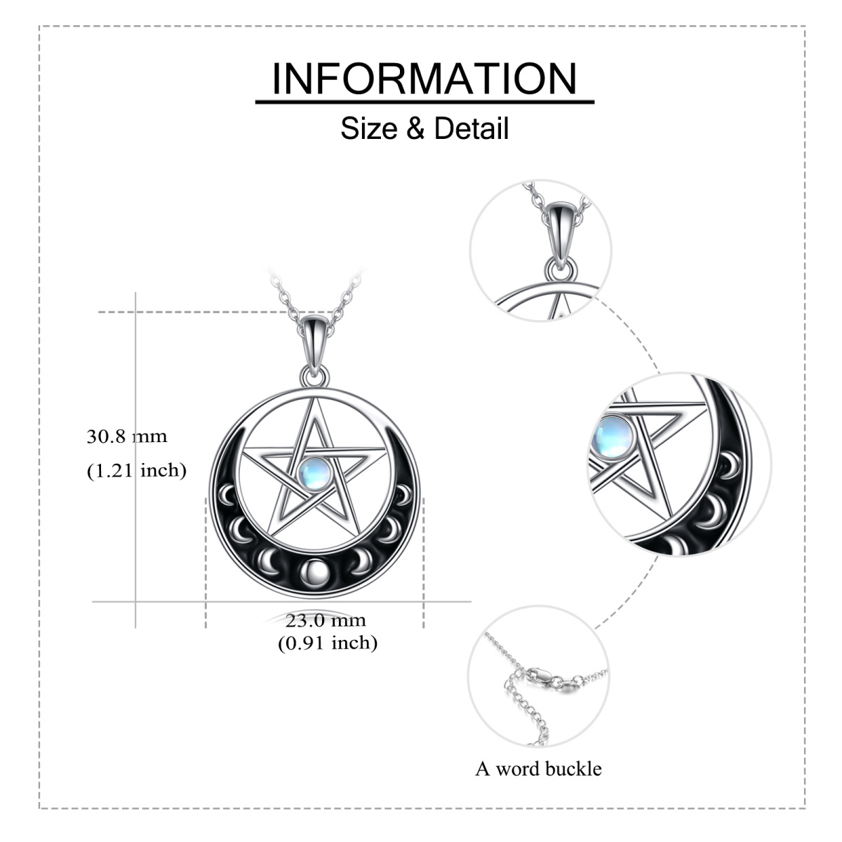 Sterling Silber Runde Mondstein Mond & Pentagramm Anhänger Halskette-6