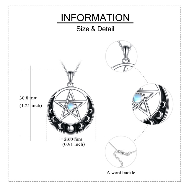 Colar com pingente de lua e pentagrama em prata de lei com pedra da lua redonda-5