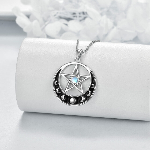 Sterling Silver Round Moonstone Moon & Pentagram Pendant Necklace-3