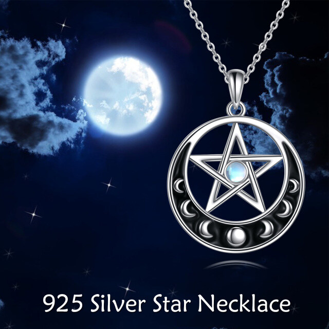 Sterling Silver Round Moonstone Moon & Pentagram Pendant Necklace-2