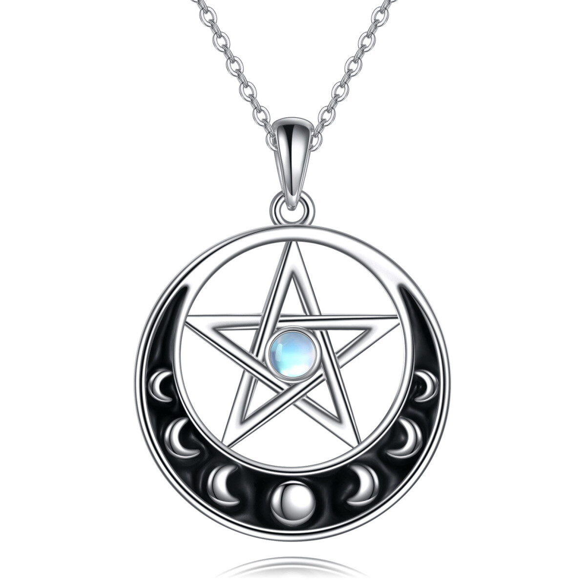 Sterling Silver Round Moonstone Moon & Pentagram Pendant Necklace-1