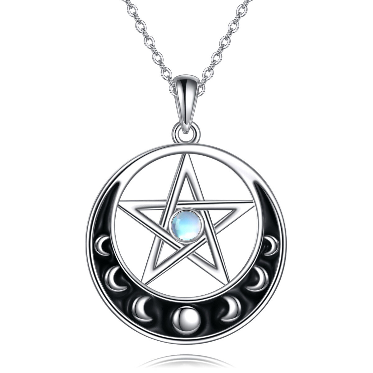 Collier en argent sterling avec pendentif en pierre de lune ronde, lune et pentagramme-1