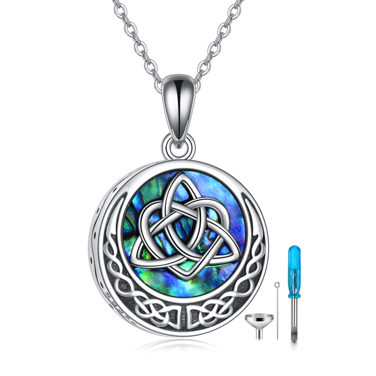 Sterling Silver Circular Shaped Abalone Shellfish Celtic Knot Urn Necklace for Ashes with Engraved Word-1