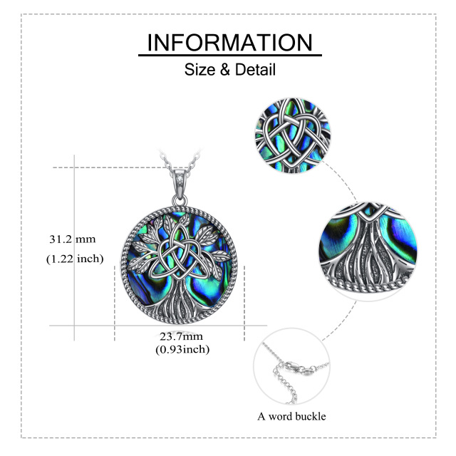 Sterling Silver Circular Shaped Abalone Shellfish Tree Of Life Pendant Necklace-4