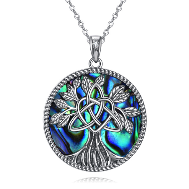 Sterling Silver Circular Shaped Abalone Shellfish Tree Of Life Pendant Necklace-0