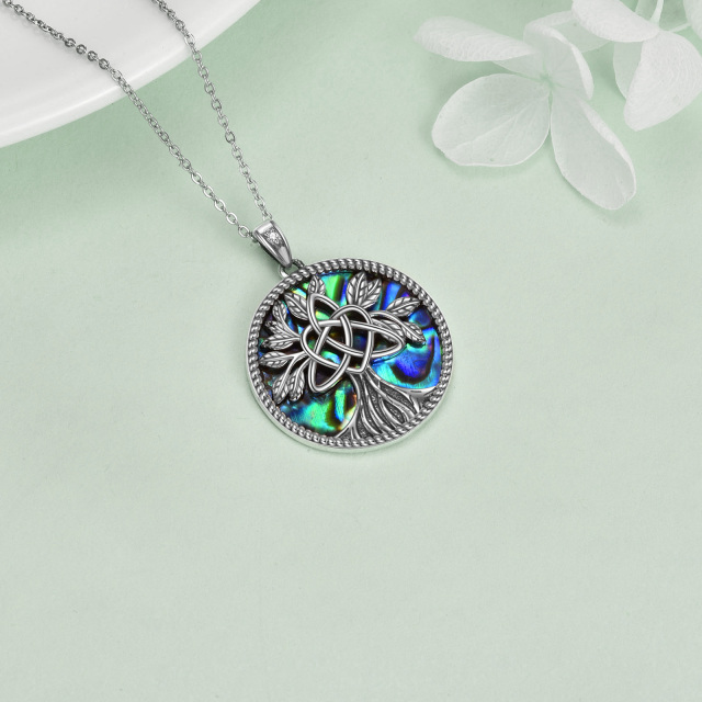 Sterling Silver Circular Shaped Abalone Shellfish Tree Of Life Pendant Necklace-3