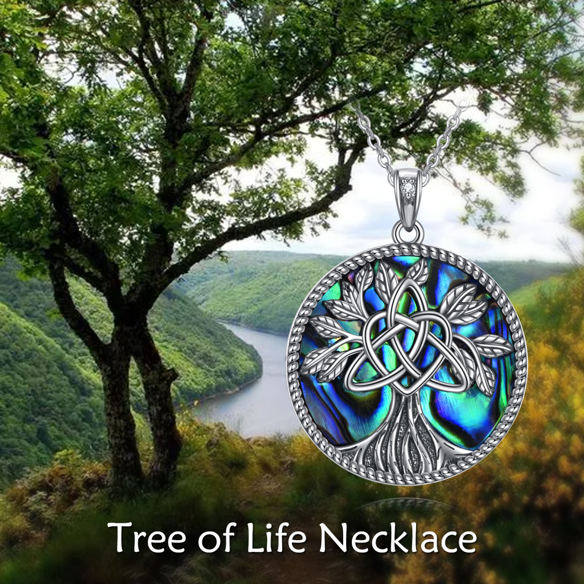 Sterling Silver Circular Shaped Abalone Shellfish Tree Of Life Pendant Necklace-6