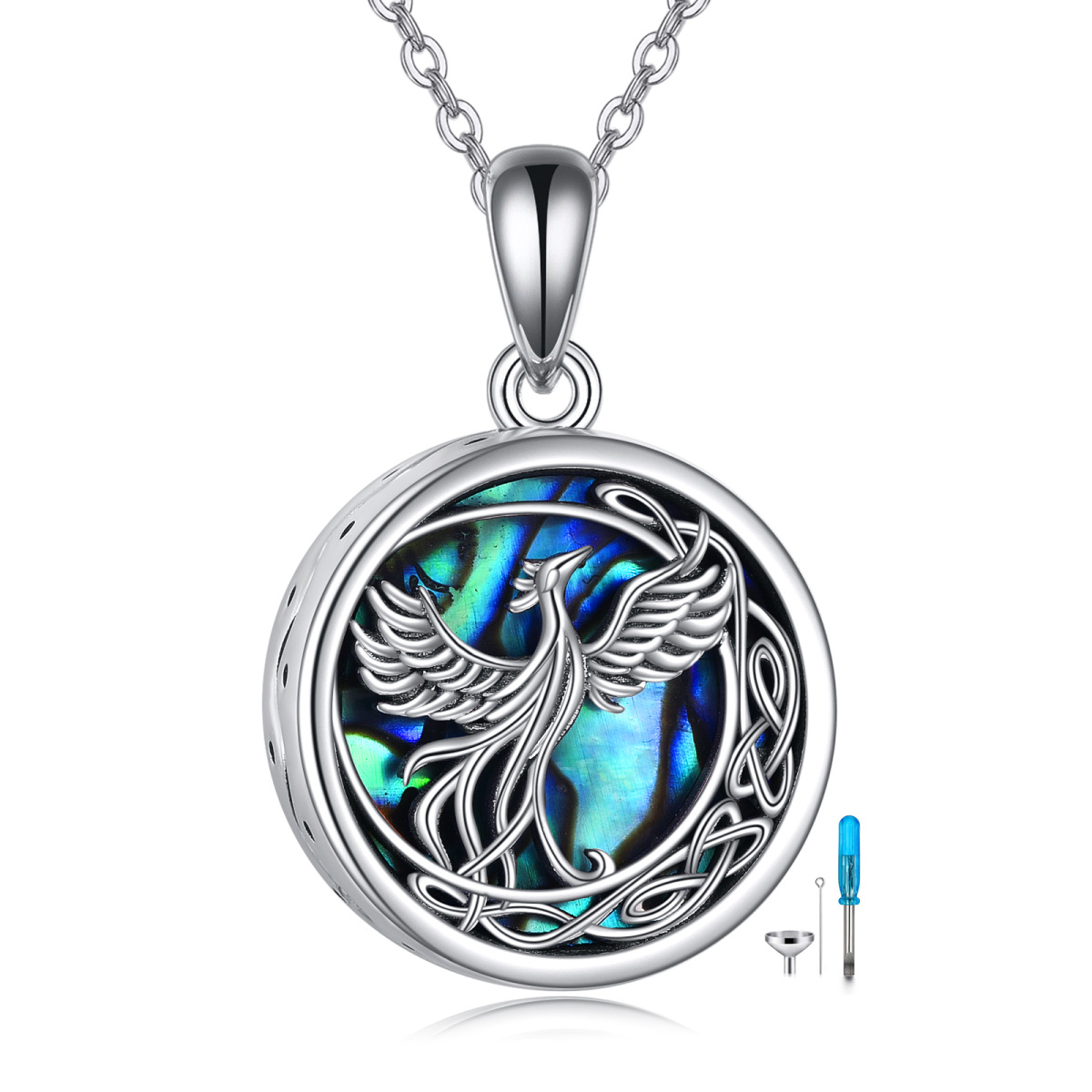 Sterling Silver Circular Shaped Abalone Shellfish Phoenix & Celtic Knot Urn Necklace for Ashes with Engraved Word-1