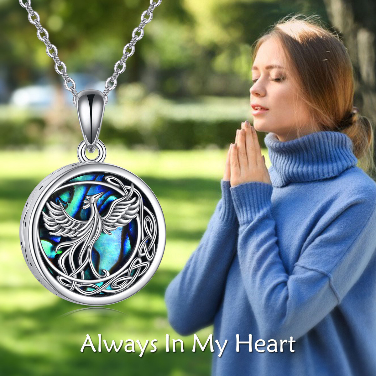 Sterling Silver Circular Shaped Abalone Shellfish Phoenix & Celtic Knot Urn Necklace for Ashes with Engraved Word-6