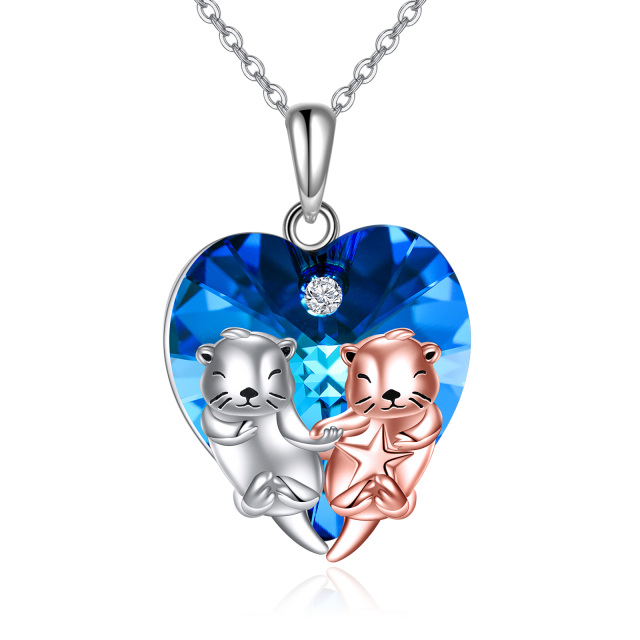 Sterling Silver Two-tone Heart Shaped Sea Otter & Heart Crystal Pendant Necklace-3